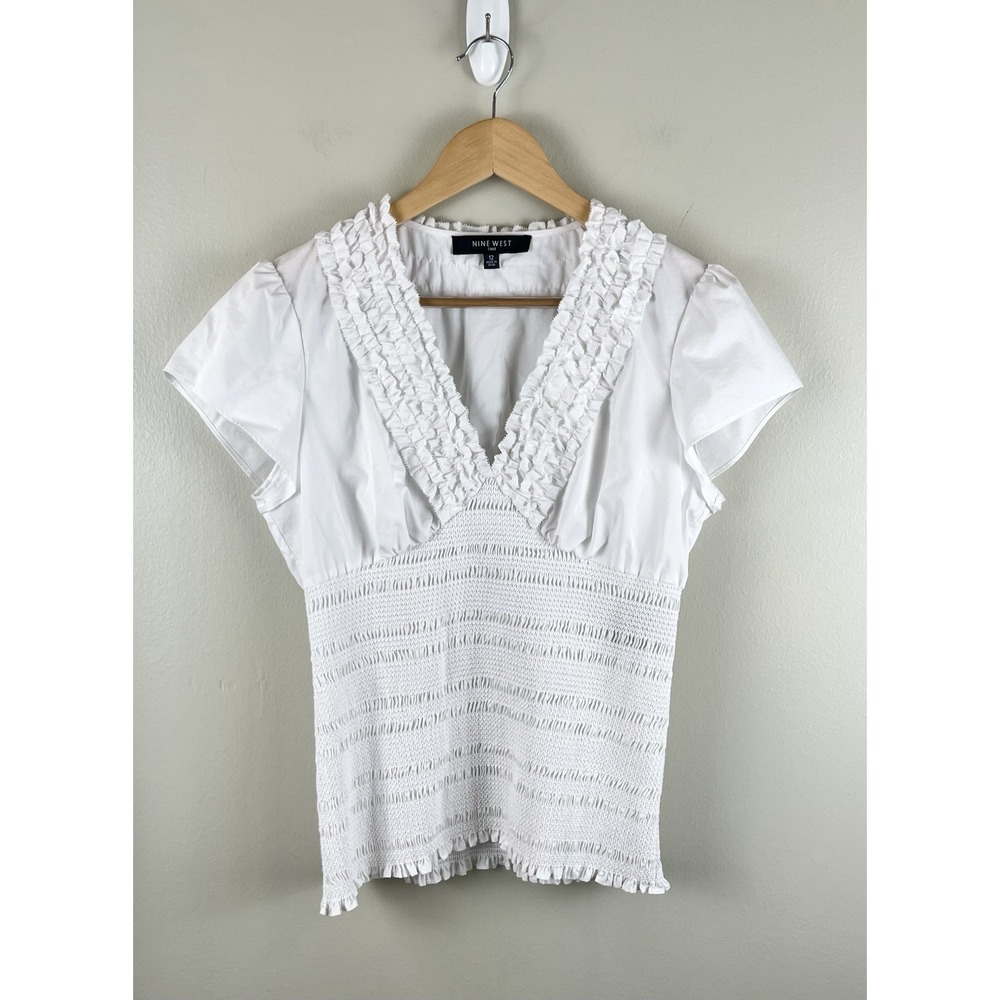 NINE WEST Babydoll Y2K V-Neck Top Capped Sleeve Smocking Sz 12 White Ruffles